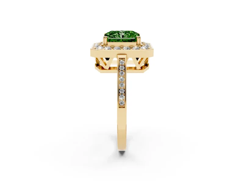 Radiant Cut Halo Engagement Ring Setting for a Fancy Green Lab-Grown Diamond | Polished Halo Rim | Yellow Gold