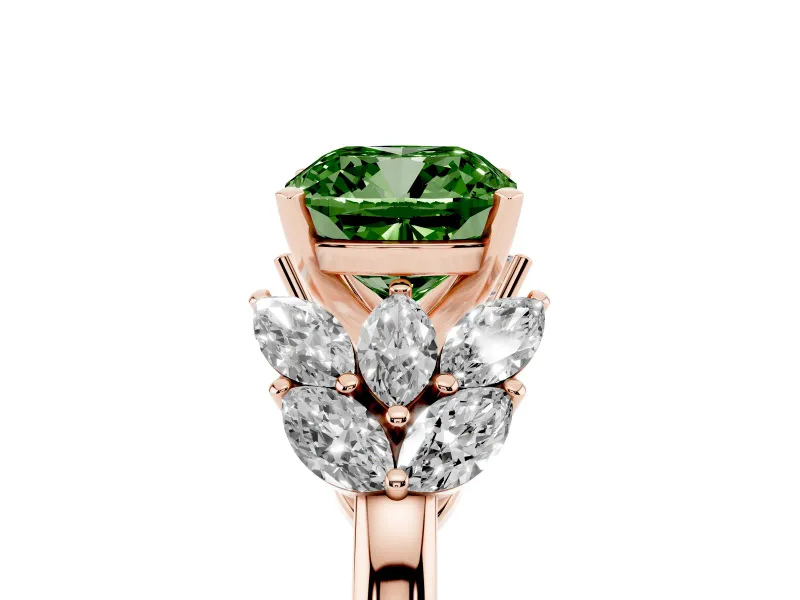 Fancy Green Cushion Cut Diamond Cluster Leaf Design Ring Set in Rose gold with Prong Setting