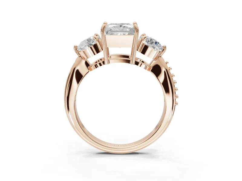 Princess Cut Three Stone Engagement Ring Setting | Tapered Pave Band | Rose Gold