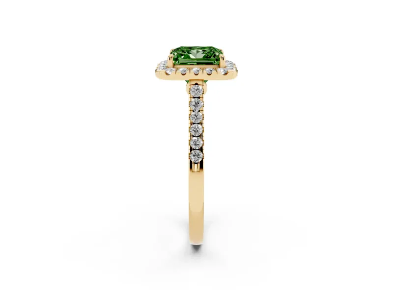 Princess Cut Halo Engagement Ring Setting for a Fancy Green Lab-Grown Diamond | Pave Shoulders | Yellow Gold