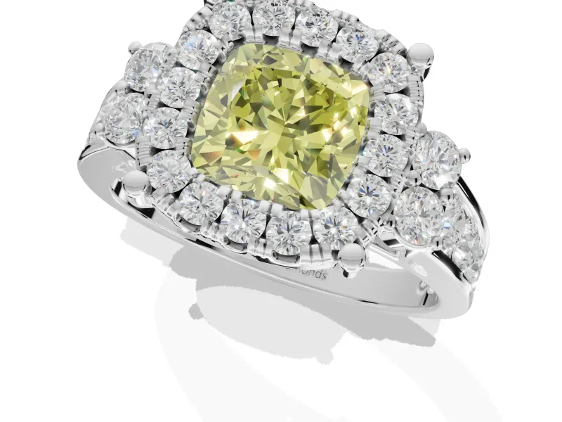 Cushion Cut Halo Engagement Ring Setting for a Fancy Yellow Lab-Grown Diamond | Graduated Channel Band | White Gold
