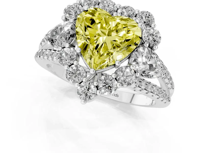 Fancy Yellow Heart Cut Diamond Halo Split Shank Engagement Ring Set in Silver with Prong-Held Center Stone
