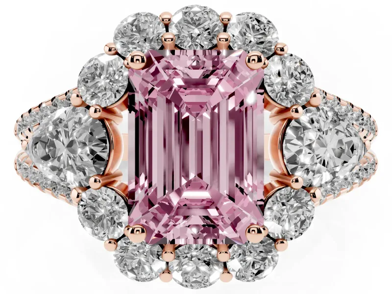 Fancy Pink Emerald Cut Diamond Halo Split Shank Engagement Ring Set in Rose gold with Prong-Held Center Stone