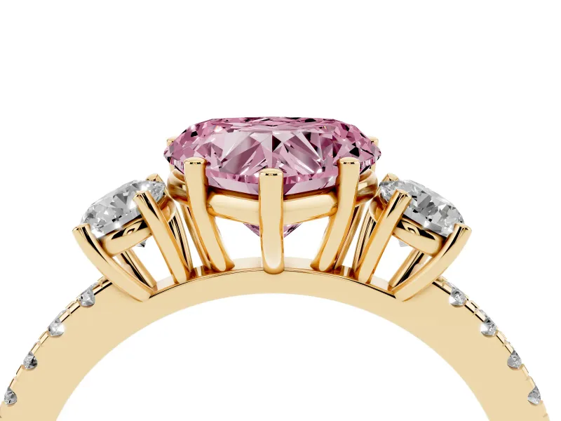 Heart-Shaped Three Stone Engagement Ring Setting for a Fancy Pink Lab-Grown Diamond | Pave Shoulders | Yellow Gold