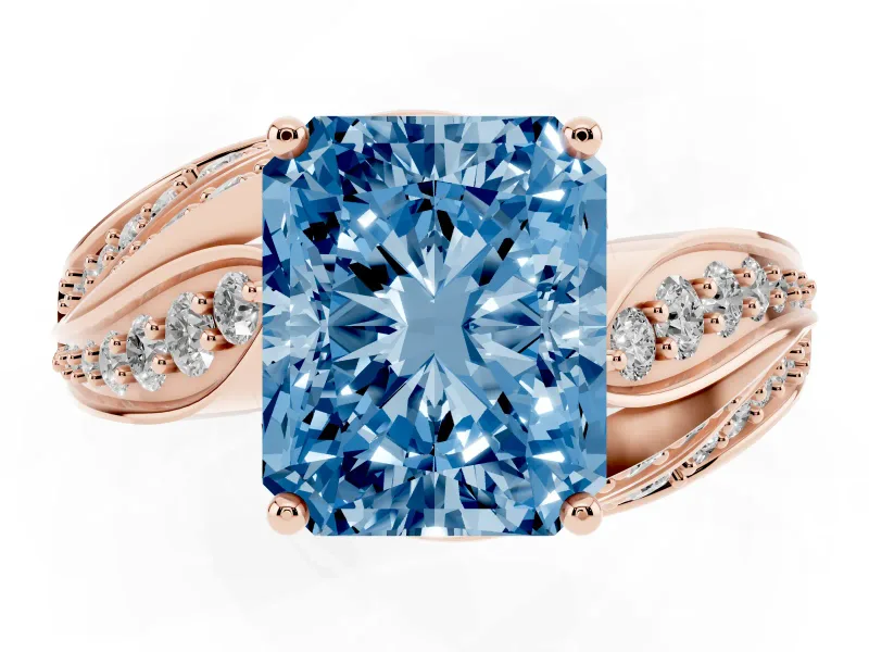 Radiant Cut Bypass Hidden Halo Engagement Ring Setting for a Fancy Blue Lab-Grown Diamond | Graduated Pavé | Rose Gold
