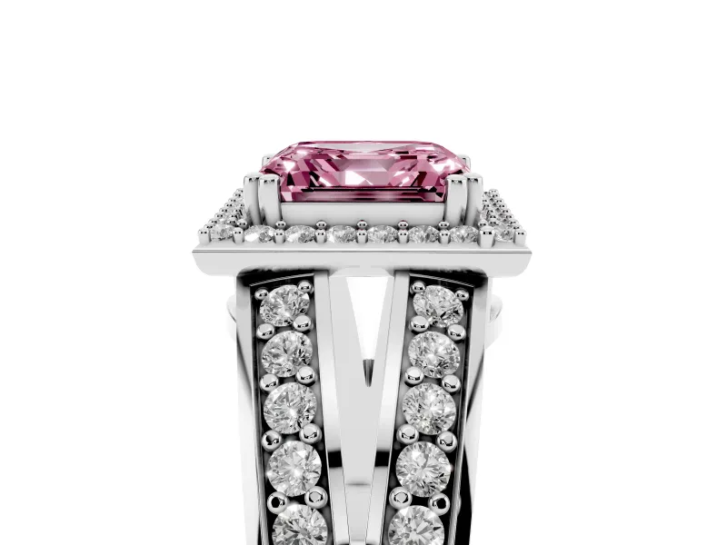 Asscher Cut Halo Engagement Ring Setting for a Fancy Pink Lab-Grown Diamond | Two-Row Pave Split Shank | Platinum