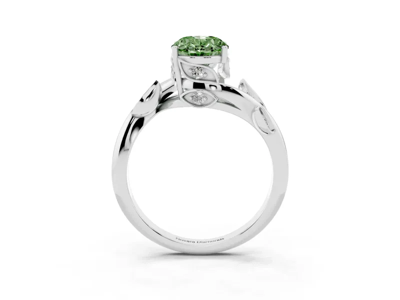 Fancy Green Oval Cut Diamond Solitaire Twist Engagement Ring Set in White gold with Pavé Leaf Accents