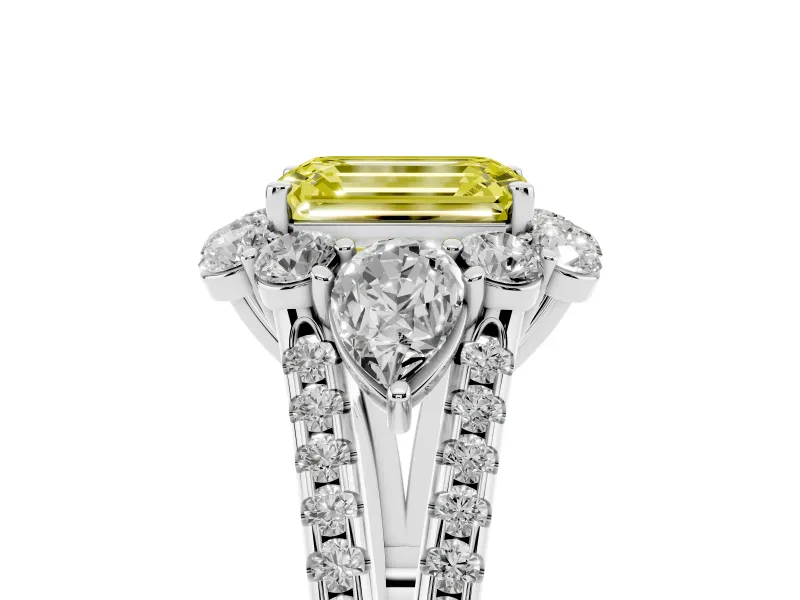 Fancy Yellow Emerald Cut Diamond Halo Split Shank Engagement Ring Set in Silver with Prong-Held Center Stone