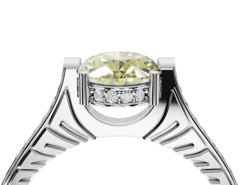Oval Vintage Cathedral Engagement Ring Setting for a Fancy Yellow Lab-Grown Diamond | Carved Band | White Gold
