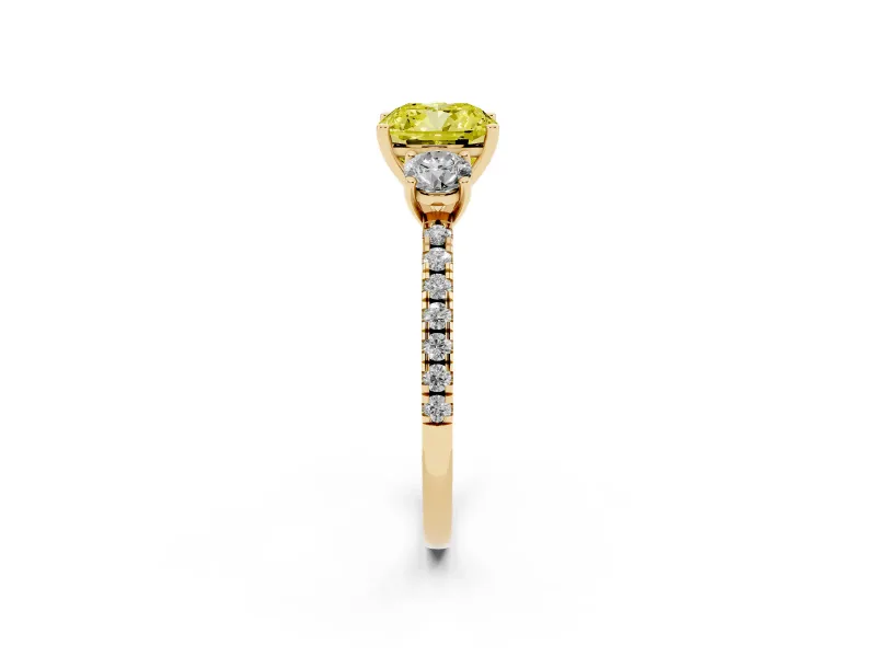 Cushion Cut Three Stone Engagement Ring Setting for a Fancy Yellow Lab-Grown Diamond | Pave Shoulders | Yellow Gold