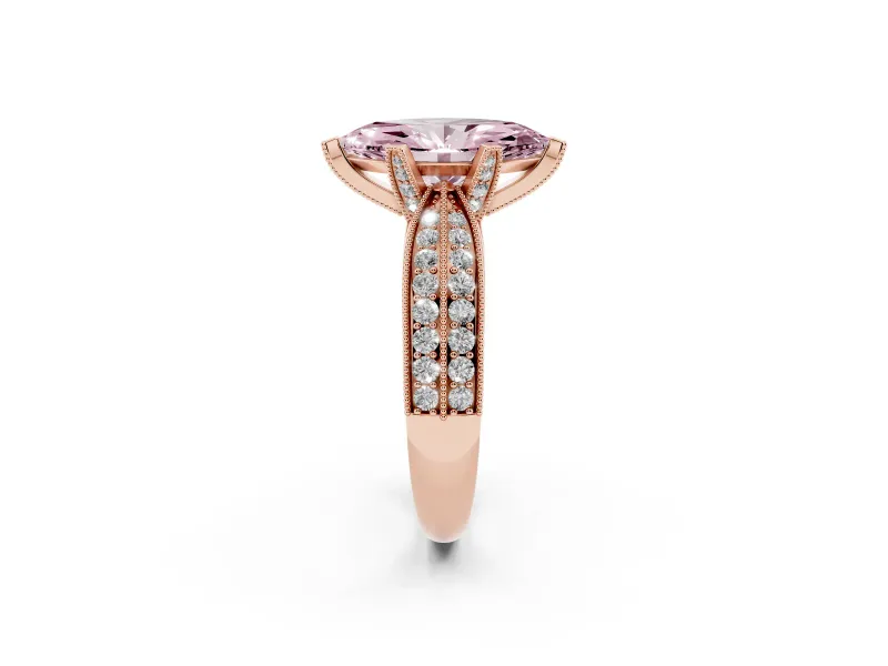 Fancy Pink Marquise Cut Diamond Solitaire Ring Set in Rose gold with Milgrain Double Row Round Pavé Band