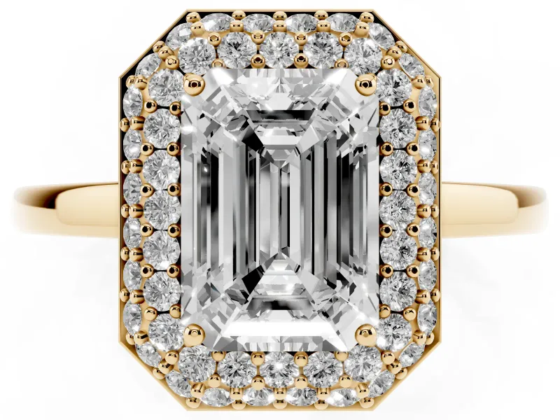 Emerald Cut Pave Halo Engagement Ring Setting | Slim Plain Band | Yellow Gold