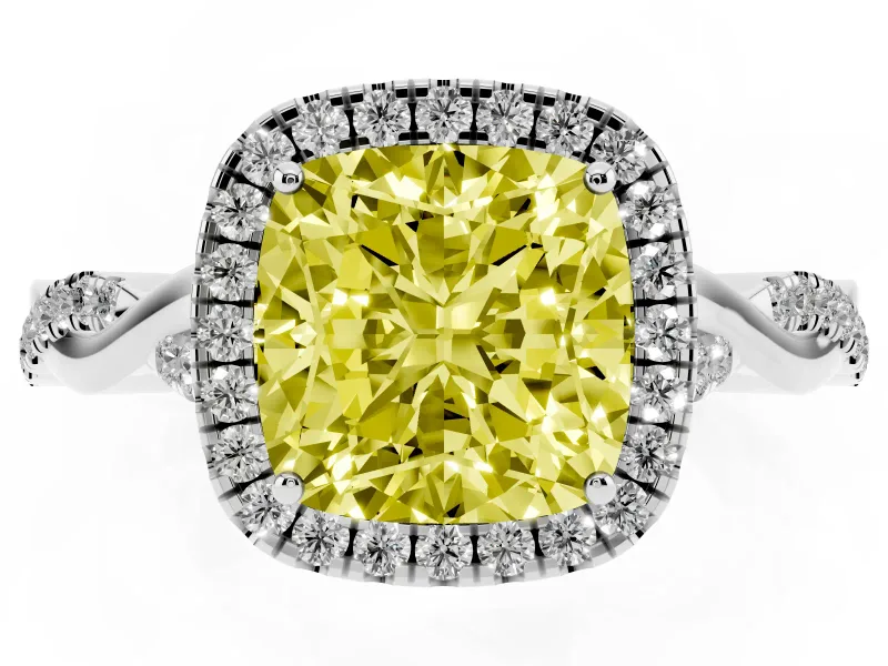 Cushion Cut Twist Halo Engagement Ring Setting for a Fancy Yellow Lab-Grown Diamond | White Gold