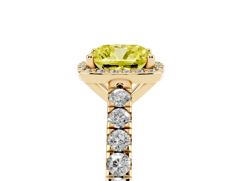 Fancy Yellow Cushion Cut Diamond Halo Engagement Ring Set in Yellow gold with Pavé Band and Prong Setting