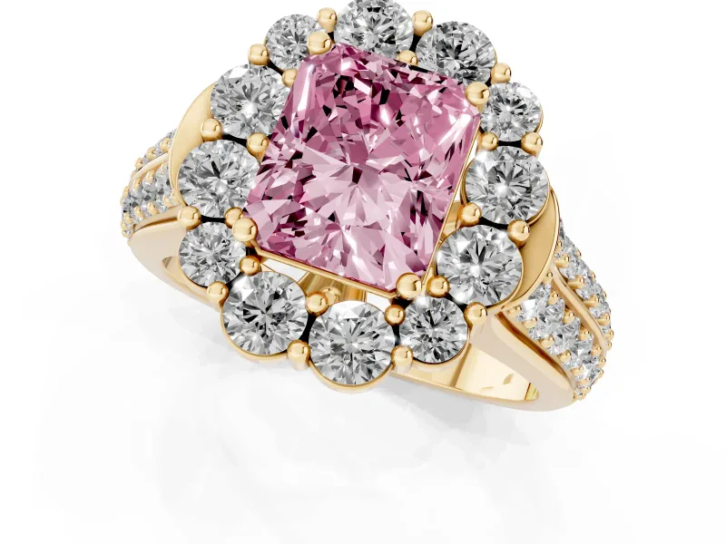Fancy Pink Radiant Cut Diamond Halo Engagement Ring Set in Yellow gold with Split Shank and Prong Setting
