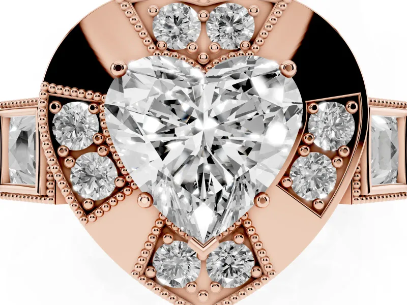 Heart Cut Diamond Milgrain Halo Ring Set in Rose gold with Split Shank
