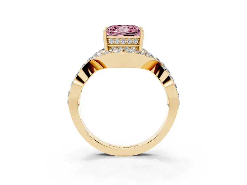 Fancy Pink Princess Cut Diamond Solitaire Twist Band Pavé Engagement Ring Set in Yellow gold