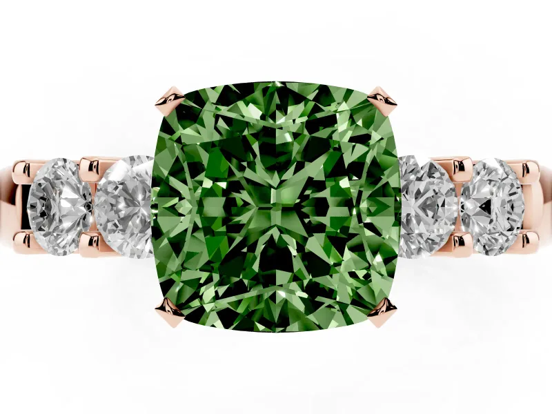 Fancy Green Cushion Cut Diamond Five-Stone Prong Set Engagement Ring Set in Rose gold with Channel Band