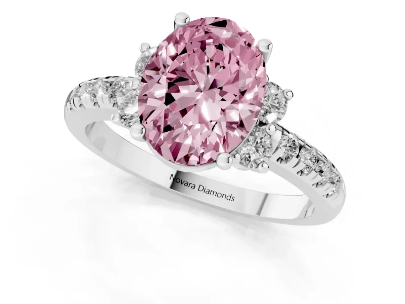 Oval Side Stone Pave Engagement Ring Setting for a Fancy Pink Lab-Grown Diamond | Paired Round Accents | Sterling Silver