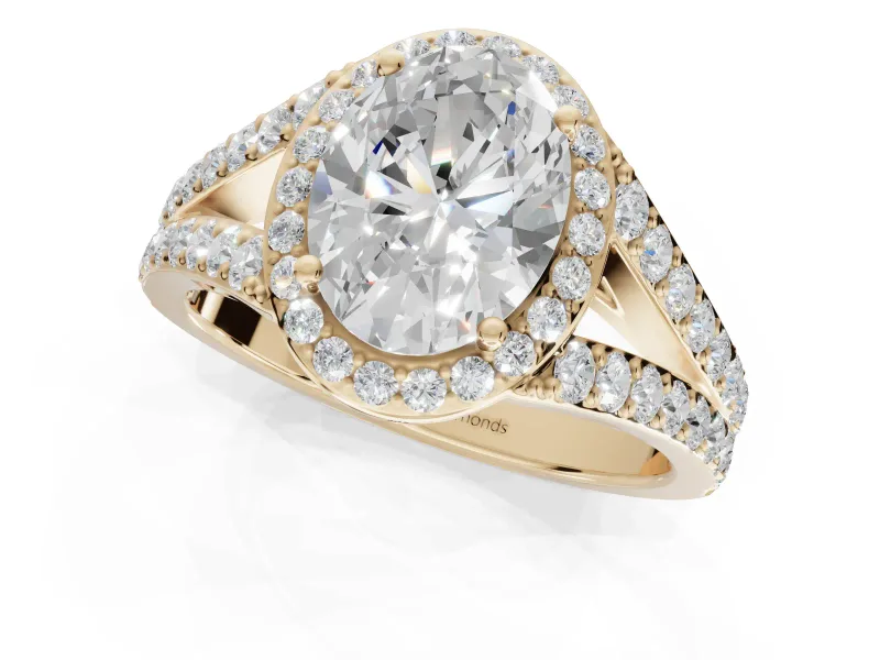 Oval Halo Pavé Engagement Ring Setting | Narrow Split Shank | Yellow Gold