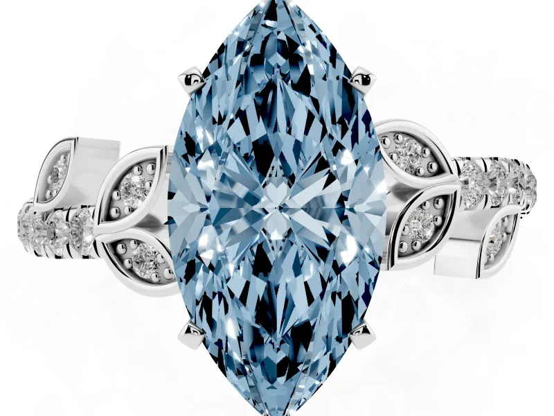 Fancy Blue Marquise Cut Diamond Solitaire Leaf-Inspired Ring Set in Platinum with Pavé Band and Prong Setting