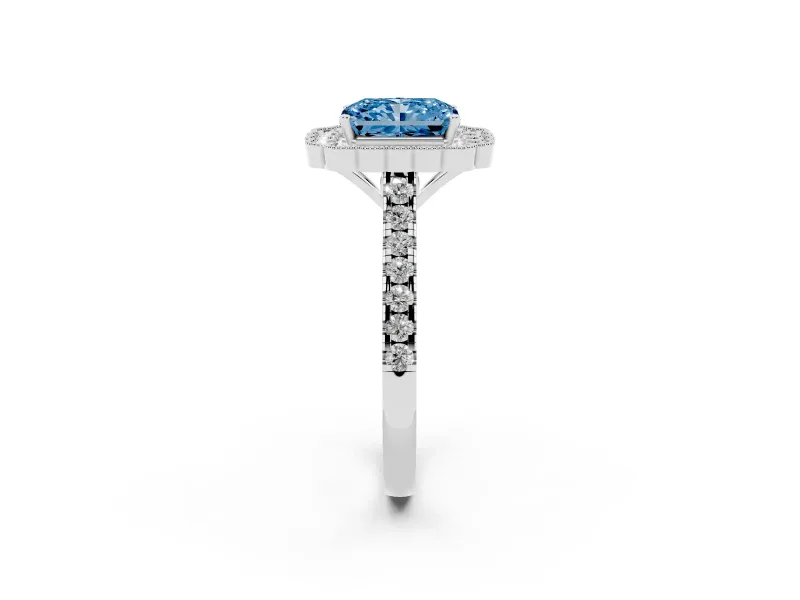 Fancy Blue Radiant Cut Diamond Milgrain Floral Halo Engagement Ring Set in Silver with Pavé Band