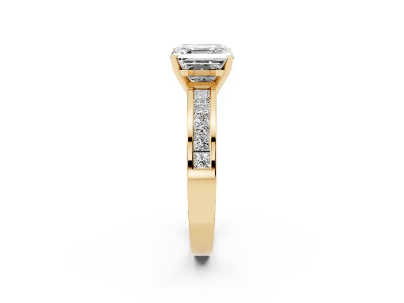 Asscher Cut Diamond Solitaire Ring Set in Yellow gold with Channel-Set Band and Prong Setting