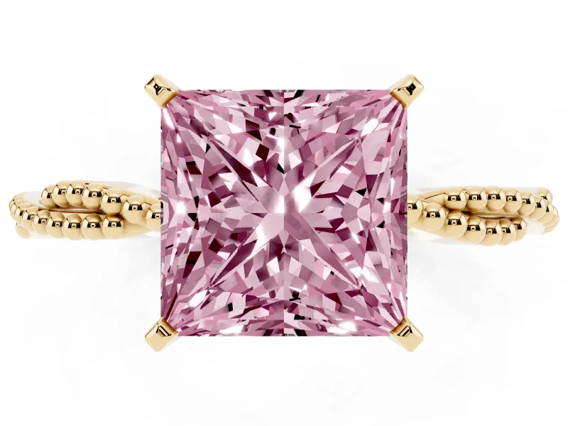 Fancy Pink Princess Cut Diamond Solitaire Ring Set in Yellow gold with Twisted Band and Bead Prong Setting
