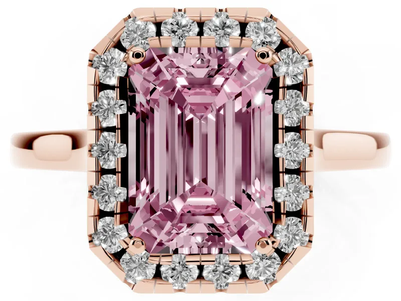 Fancy Pink Emerald Cut Halo Round Diamond Solitaire Ring Set in Rose gold with Pavé Band and Prong Setting