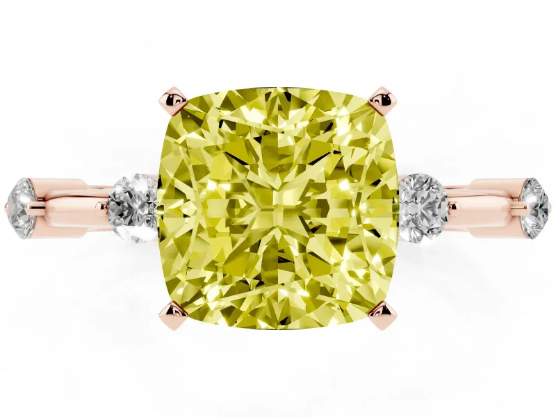 Fancy Yellow Cushion Cut Diamond Solitaire Ring Set in Rose gold with Bezel Set Side Stones and Prong Setting