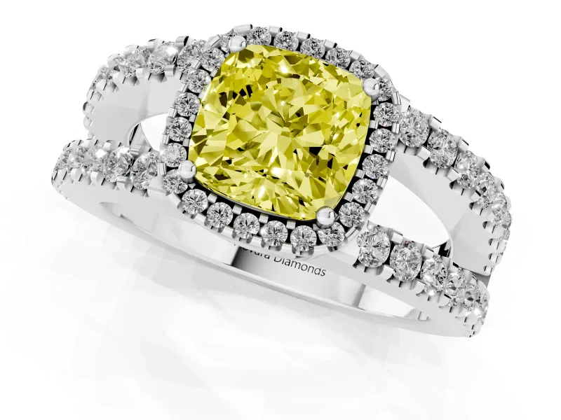 Fancy Yellow Cushion Cut Diamond Halo Ring Set in Platinum with Pavé Split Shank and Prong Setting