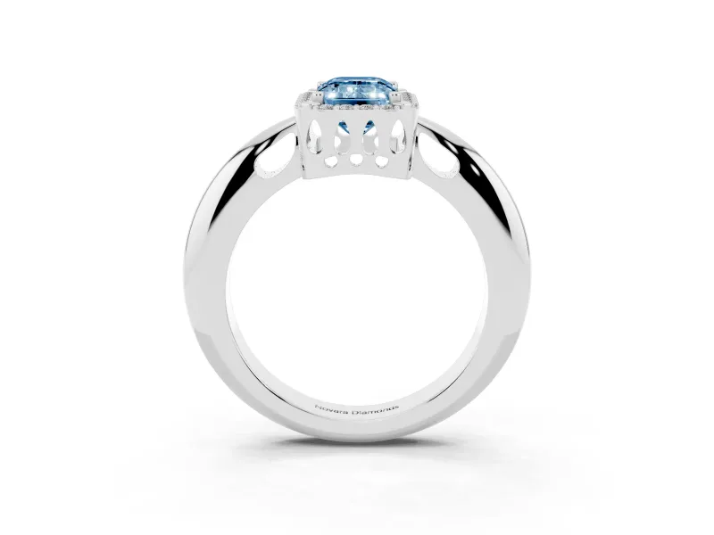 Fancy Blue Emerald Cut Diamond Halo Engagement Ring Set in Silver with Plain Split Shank and Prong Setting