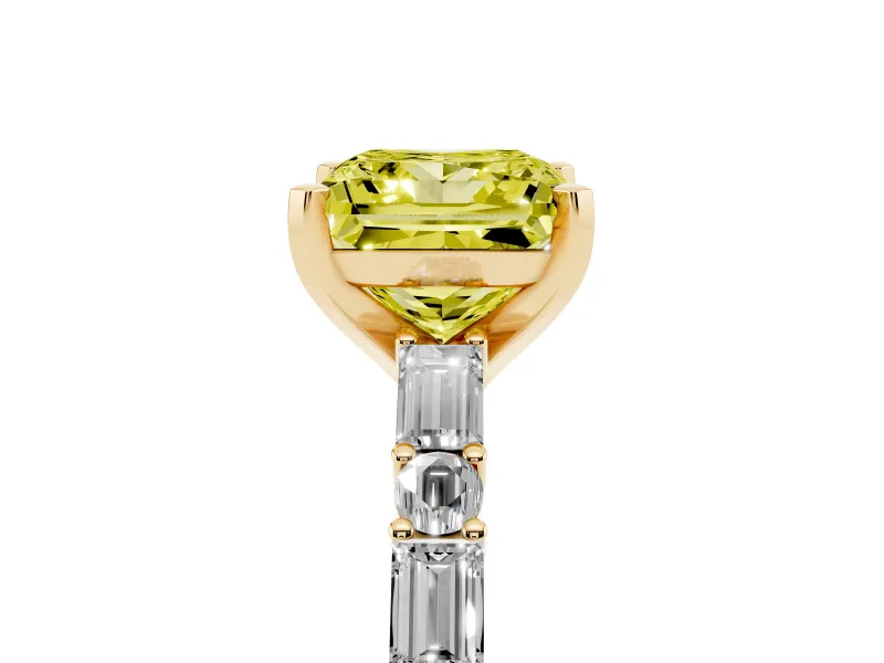 Fancy Yellow Princess Cut Diamond Solitaire Set in Yellow gold with Side Baguettes and Channel Set Band