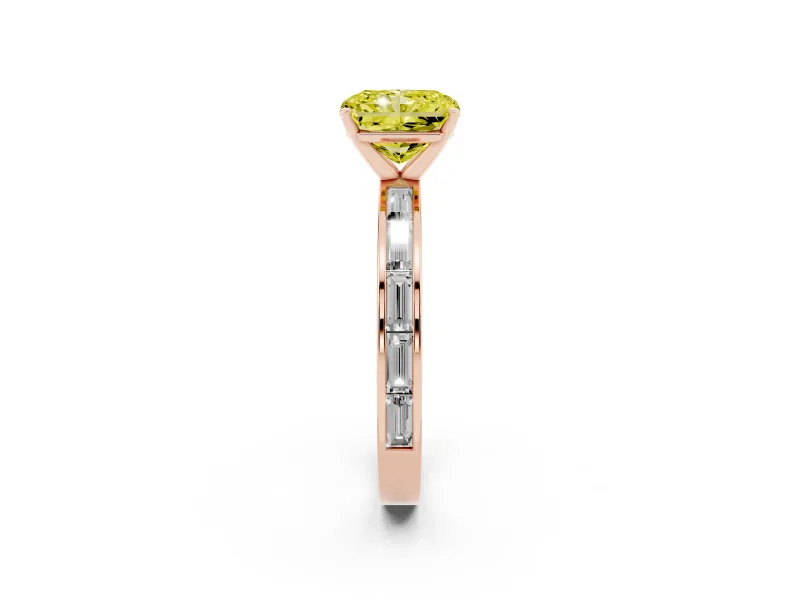 Fancy Yellow Radiant Cut Diamond Solitaire Ring Set in Rose gold with Channel-Set Baguette Band and Prong Setting