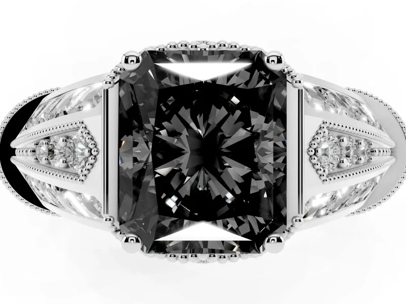 Fancy Black Radiant Cut Diamond Vintage-Inspired Milgrain Ring Set in Platinum with Accent Split Shank