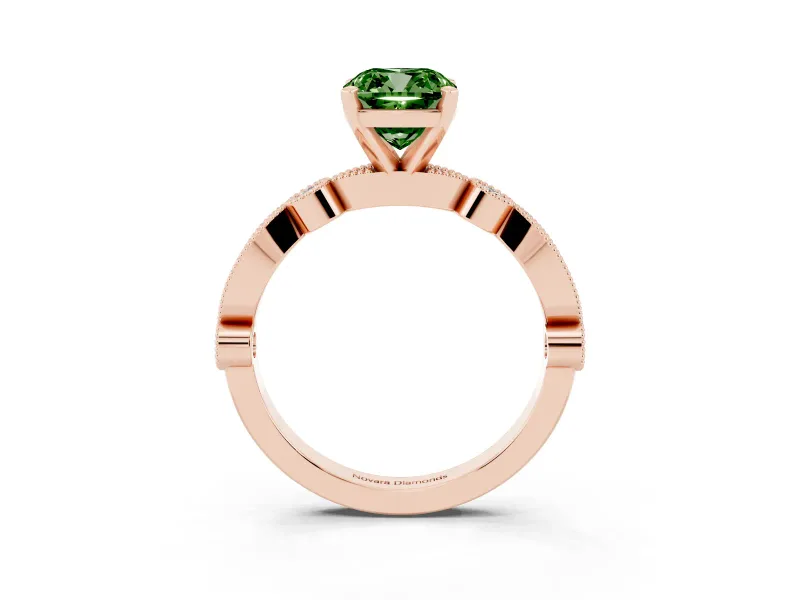 Fancy Green Cushion Cut Diamond Solitaire Engagement Ring Set in Rose gold with Milgrain Bezel Accent Band