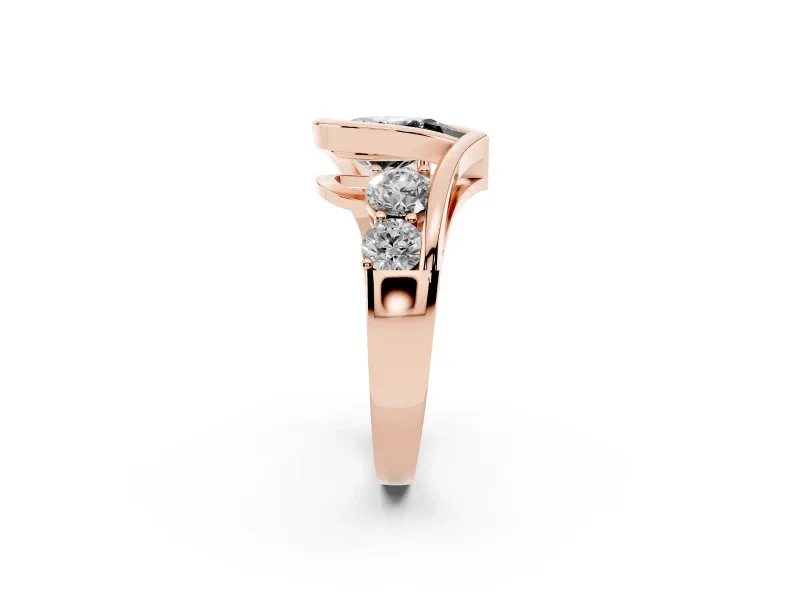 Fancy Black Pear Cut Diamond Bezel Bypass Ring Set in Rose gold with Round Accents