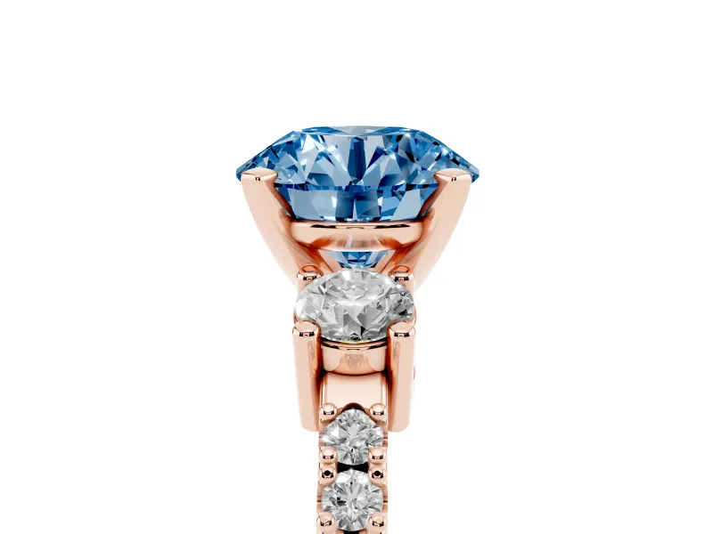 Round Three Stone Engagement Ring Setting for a Fancy Blue Lab-Grown Diamond | Pavé Band | Rose Gold