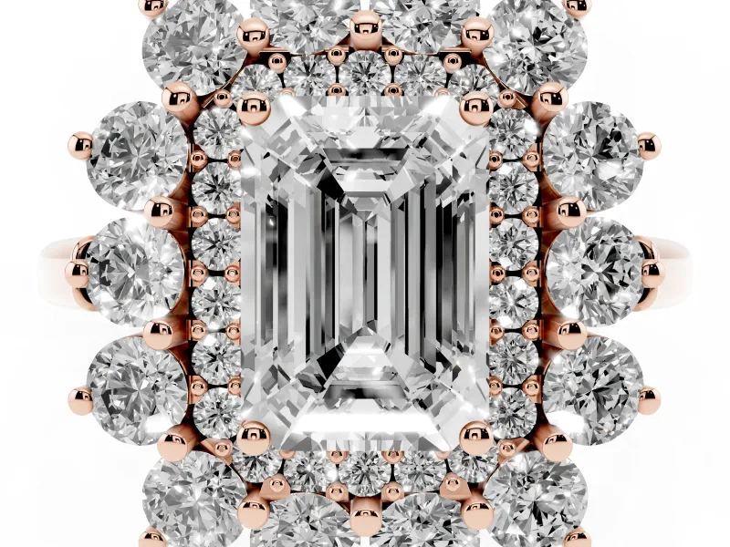 Emerald Cut Floral Double Halo Engagement Ring Setting | Plain Band | Rose Gold