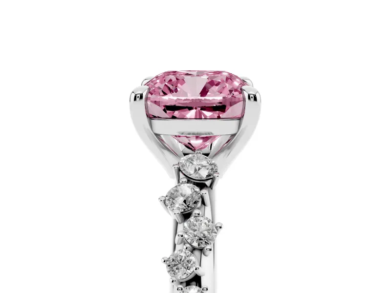 Fancy Pink Cushion Cut Diamond Solitaire Vine Band Ring Set in Silver with Round Accents and Prong Setting