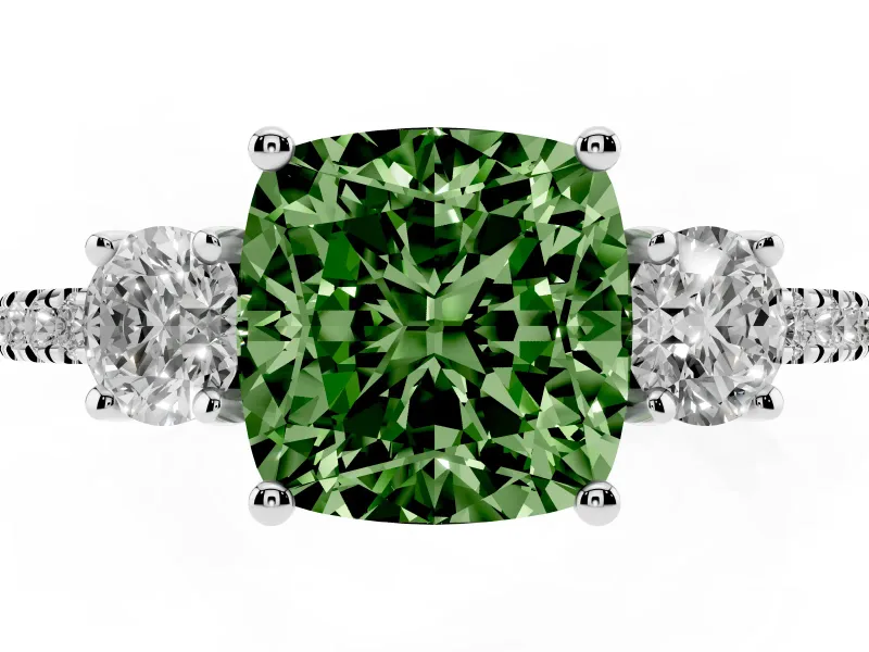 Cushion Cut Three Stone Engagement Ring Setting for a Fancy Green Lab-Grown Diamond | Pave Shoulders | White Gold