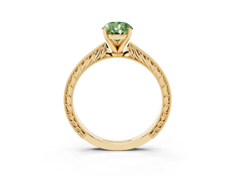 Fancy Green Pear Cut Diamond Solitaire Milgrain Engraved Band Set in Yellow gold with Prong Setting