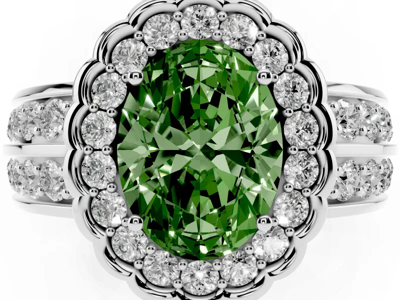 Fancy Green Oval Cut Diamond Scalloped Halo Ring Set in White gold with Pavé Split Shank
