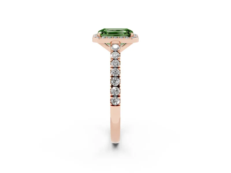 Emerald Cut Halo Pavé Engagement Ring Setting for a Fancy Green Lab-Grown Diamond | Rose Gold