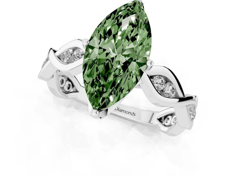 Fancy Green Marquise Cut Diamond Twist Band Solitaire Ring Set in Silver with Leaf Prong Setting and Accent Stones