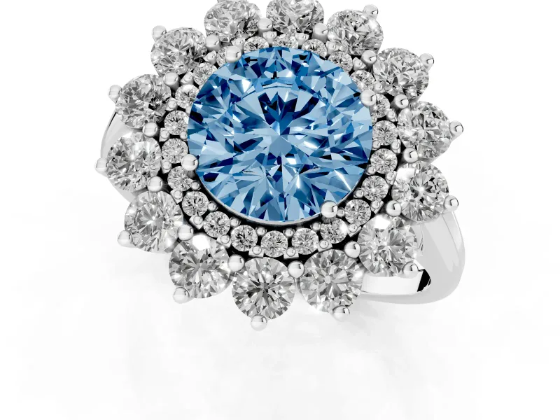Round Floral Double Halo Engagement Ring Setting for a Fancy Blue Lab-Grown Diamond | Plain Band | Sterling Silver