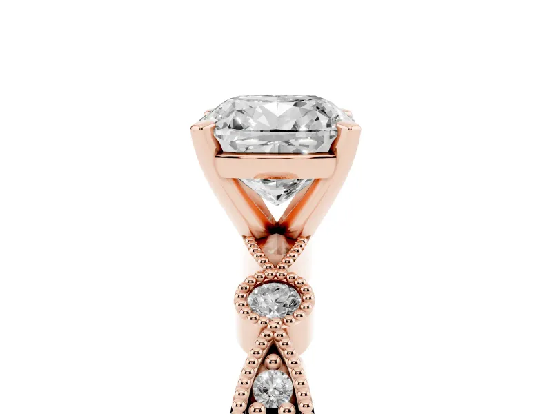 Cushion Cut Diamond Solitaire Engagement Ring Set in Rose gold with Milgrain Bezel Accent Band