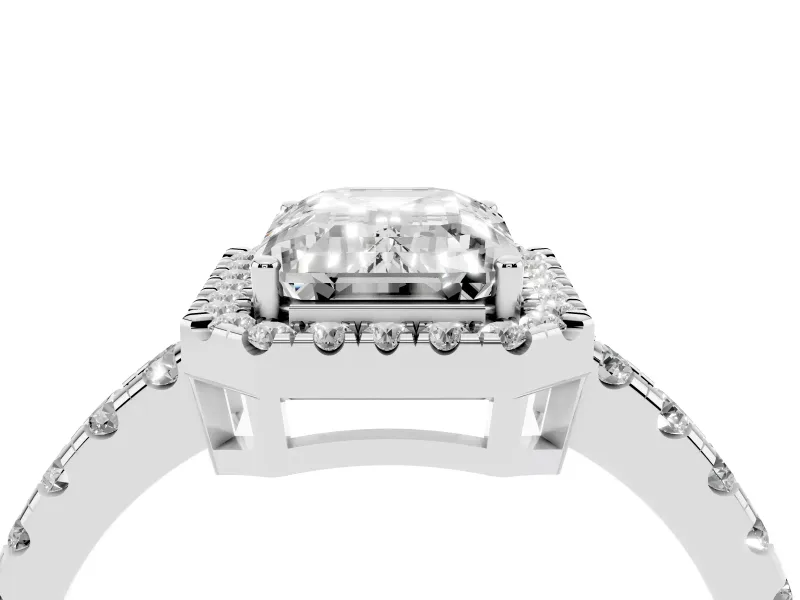 Emerald Cut Diamond Halo Ring Set in Platinum with Delicate Pavé Band and Prong Setting