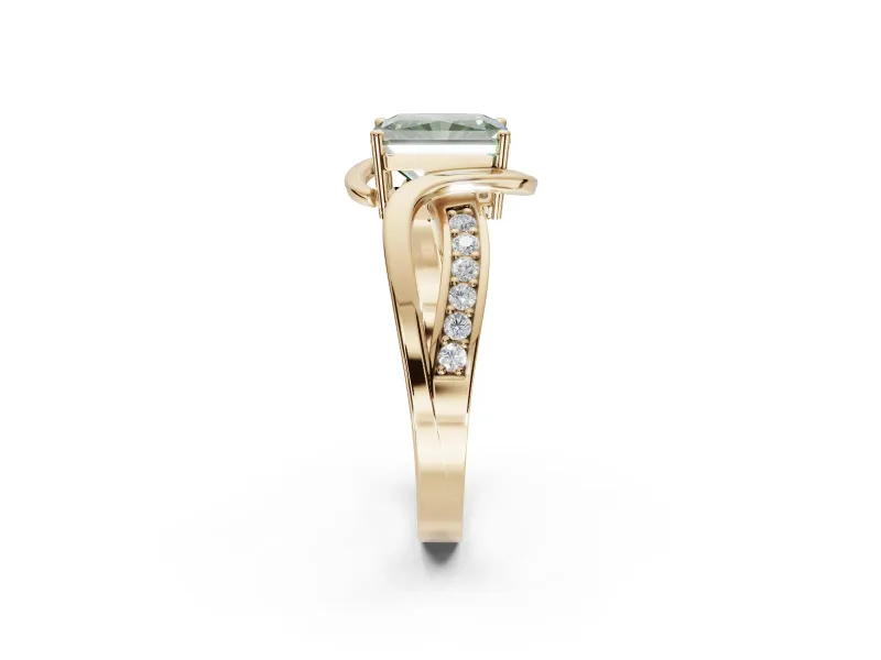 Radiant Cut Bypass Solitaire Engagement Ring Setting for a Fancy Green Lab-Grown Diamond | Pavé Strands | Yellow Gold