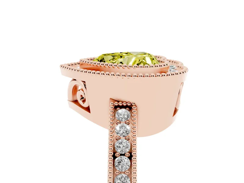 Fancy Yellow Heart Cut Diamond Halo Ring Set in Rose gold with Pavé Band and Milgrain-Edged Prongs